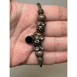 Antique Bronze Snake Chain Charm Bracelet Heart Clasp Rhinestone Leopard